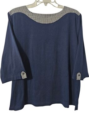 Southern Lady Size Large Pullover Navy Trimmed In Stripes, 3/4 Sleeves Top